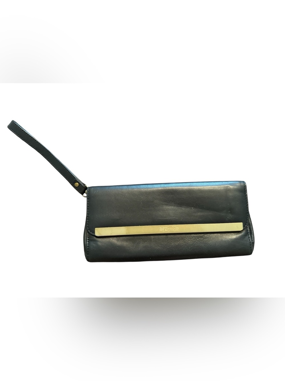 Kenneth Cole Reaction Black Leather Wristlet with Gold Bar Accent
